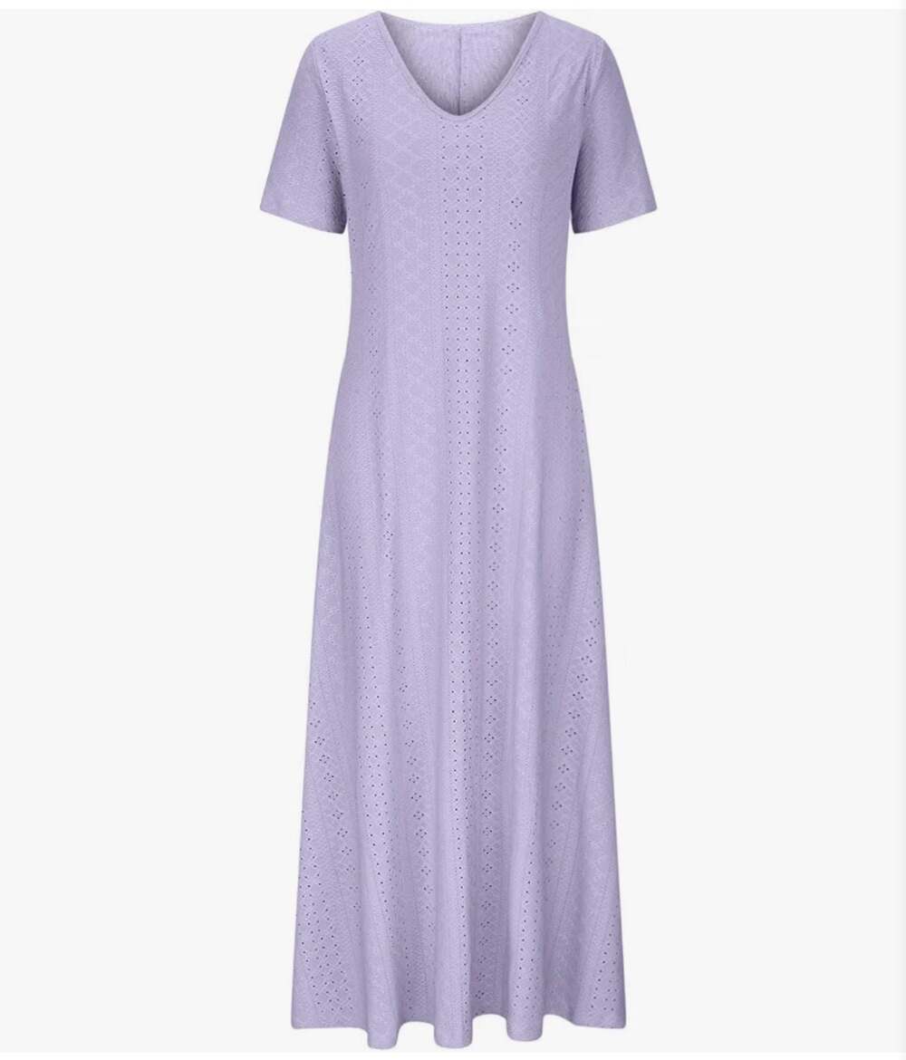 Cethrio Relaxed Fit V-Neck Short Sleeve Eyelet Maxi Dress, Purple lavender lilac